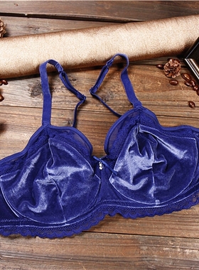 T3 意大利深蓝色绒面超薄女内衣时尚性感蕾丝边文胸75DE80CE85BCD