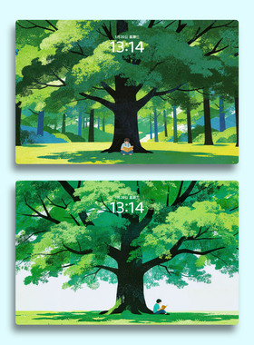 【2张】树下看书 清新治愈可爱插画电脑mac手机ipad壁纸watch壁纸