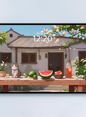 【2张】院子里的猫咪 可爱插画 电脑手机壁纸mac电脑壁纸ipad壁纸