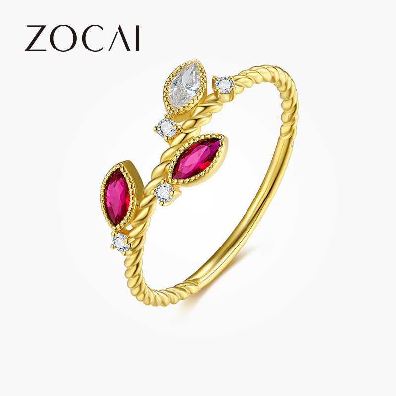 佐卡伊 橄榄叶黄18k金红宝石钻石戒指新品百搭送礼复古风女款