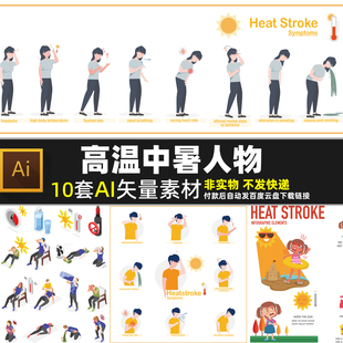 高温中暑人物AI矢量素材 夏季预防中暑安全宣传海报 户外热症图片