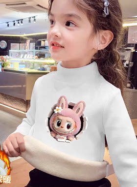 女童德绒半高领加绒加厚长袖T恤2025秋冬季儿童宝宝韩版印花上衣