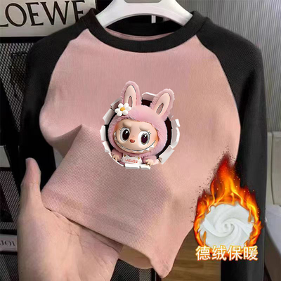 女童双面德绒打底衫2025秋冬季新款小孩儿童宝宝拼接印花保暖上衣