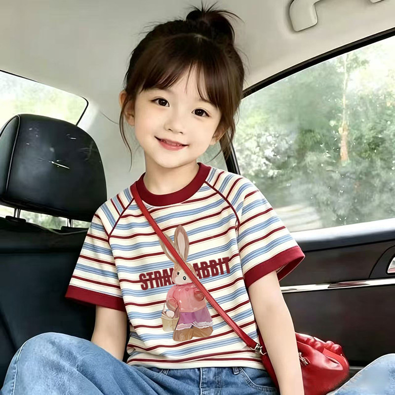 纯棉女童条纹圆领短袖T恤2026夏季新款中大儿童宝宝卡通动漫上衣