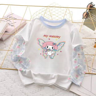 儿童宝宝卡通百搭假两件网纱防晒上衣 T恤2025夏季 纯棉女童装 短袖