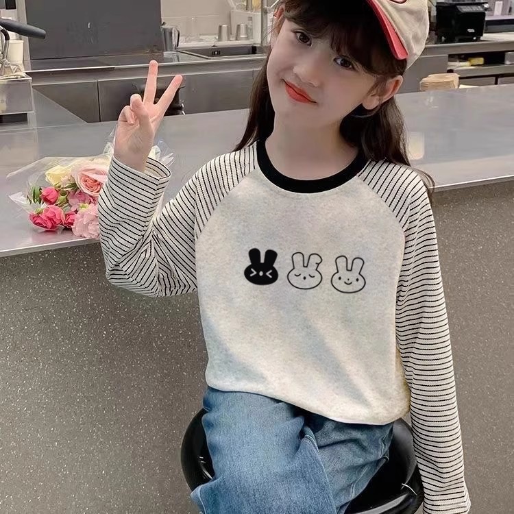 纯棉女童拼色圆领长袖t恤春秋新款儿童宝宝卡通动漫韩版打底上衣