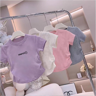 中大儿童宝宝时尚 新款 洋气印花百搭上衣 T恤夏季 100%纯棉女童短袖