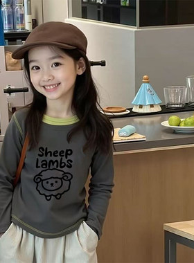 100%纯棉女童圆领长袖T恤春秋新款小孩儿童宝宝卡通洋气打底上衣
