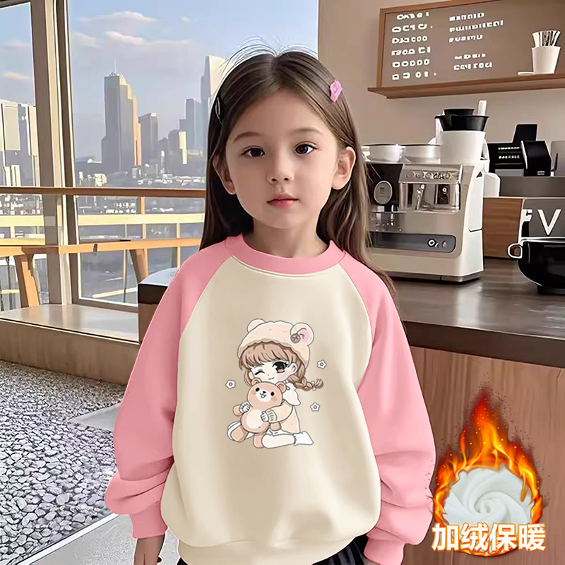 100%纯棉女童加绒加厚插肩卫衣2025秋冬新款儿童宝宝卡通洋气上衣