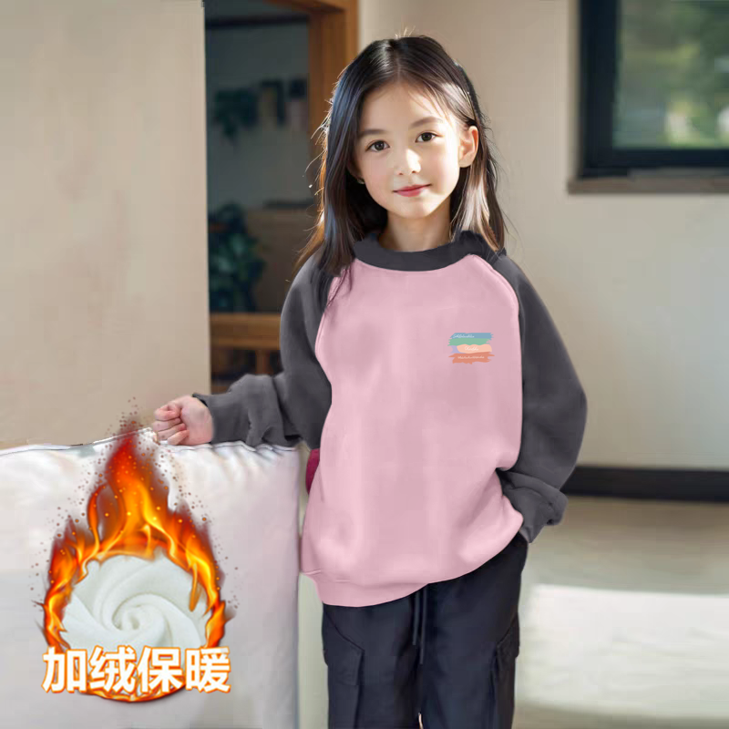 100%纯棉女童加绒加厚拼色圆领卫衣秋冬新款儿童宝宝卡通动漫上衣