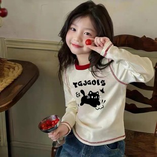 纯棉女童长袖 中大儿童宝宝洋气卡通印花圆领百搭上衣 t恤春秋新款