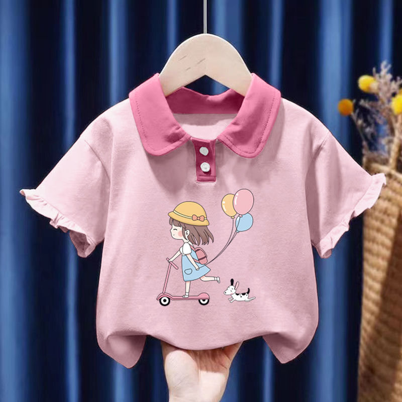 纯棉女童POLO衫2025夏季小孩儿童宝宝卡通公主风短袖T恤翻领上衣