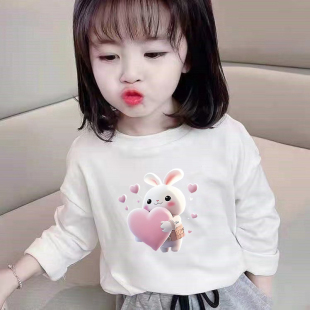 100%纯棉女童装白色长袖T恤春秋季儿童宝宝卡通动漫洋气圆领上衣