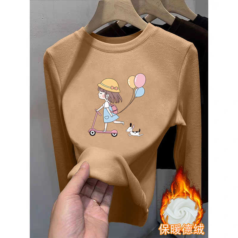女童德绒圆领长袖T恤2025秋冬季新款中小儿童宝宝卡通时尚上衣服