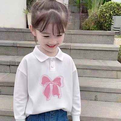 纯棉女童POLO长袖t恤2025春秋季新款小孩儿童宝宝时尚印花打底衫
