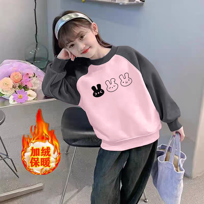 纯棉女童加绒加厚拼色插肩卫衣2025秋冬新款儿童宝宝卡通动漫上衣