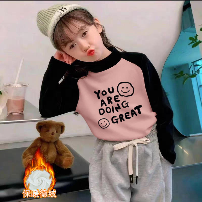 德绒女童半高领长袖T恤2025春秋新款中小儿童宝宝卡通动漫打底衫
