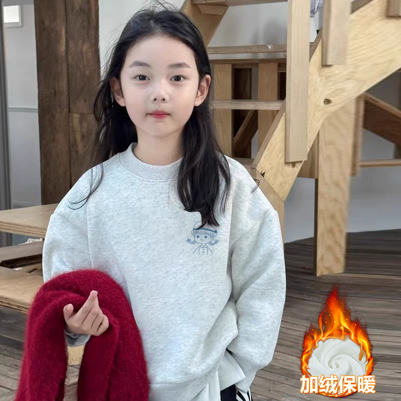 100%纯棉女童加绒圆领卫衣2025秋冬新款儿童宝宝卡通动漫保暖上衣
