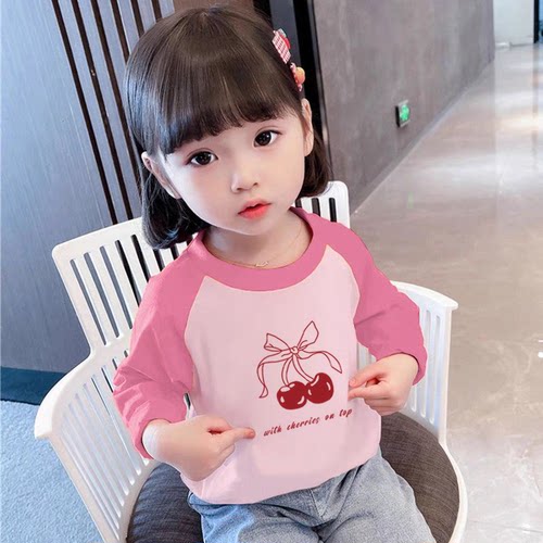纯棉女童装拼色圆领长袖T恤2026春秋新款中小儿童宝宝百搭打底衫