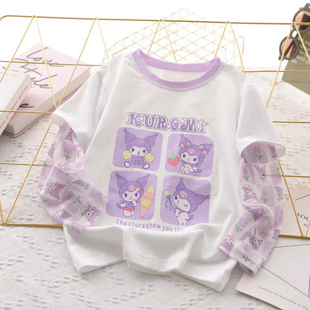 新款 t恤夏季 儿童宝宝休闲百搭假两件网纱防晒上衣 短袖 纯棉女童装