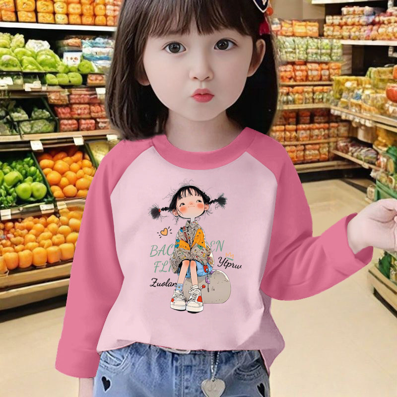 纯棉女童拼色圆领长袖T恤2026春秋新款儿童宝宝卡通动漫打底上衣图片