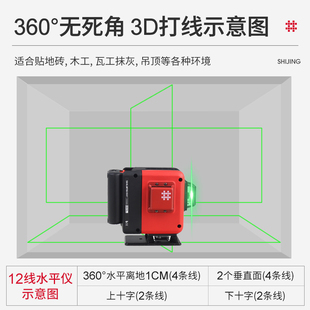 石井12线绿光水平仪高精度强光细线户外专用激光贴墙地一体水准仪