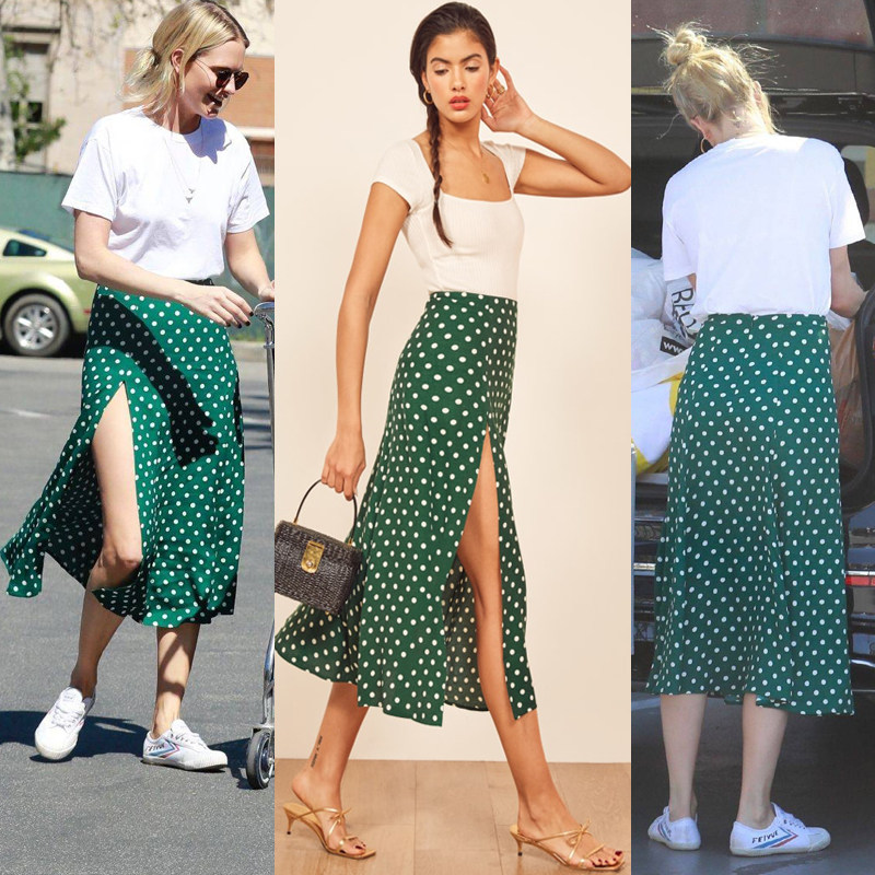 欧美明星时尚街拍复古圆点波点碎花a字裙百搭雪纺开叉中长半身裙