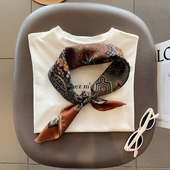 百搭护颈围巾西装 复古几何棉麻丝巾70cm方巾女新款 春夏季 领巾绑腰