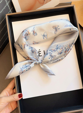 优雅蝴蝶数码印花真丝方巾通勤叠穿丝巾女春秋新款护颈领巾小围巾