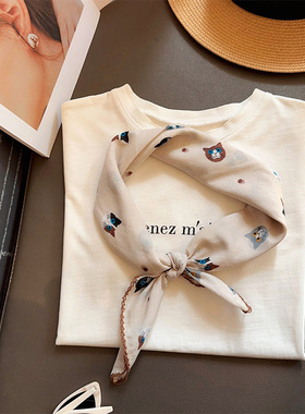 可爱减龄猫咪纯棉70方巾围巾女春秋季护颈保暖丝巾百搭小领巾披肩