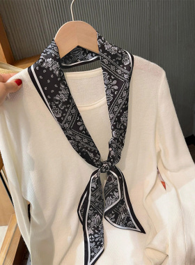 博主时尚搭配黑色复古腰果丝巾长条飘带女春秋季装饰气质颈带领巾