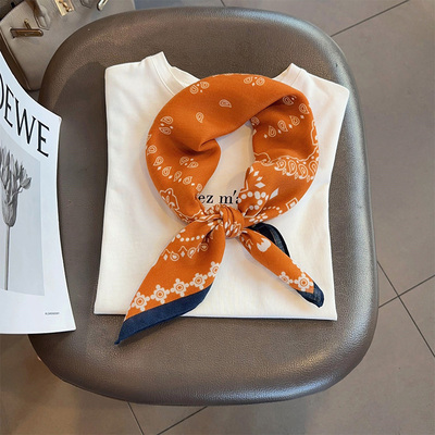 橘色腰果装饰小方巾棉麻丝巾春季