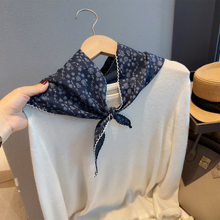 法式复古碎花丝巾三角巾女春秋季薄款护颈小披肩百搭领巾拍照头巾