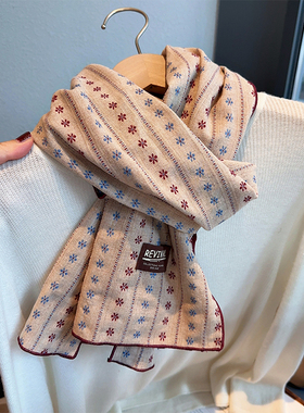 森系小花质感纯棉长条丝巾护颈围巾女秋新款文艺百搭领巾保暖围脖