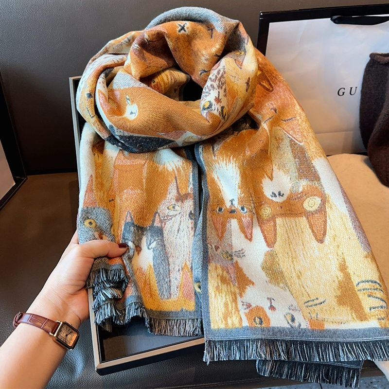 冬季新品油画风猫咪加厚保暖围巾