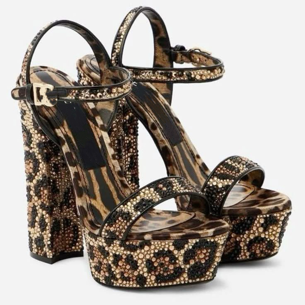 Oyinear 新款D G私人订制时尚豹纹性感水钻粗高跟鞋女凉鞋