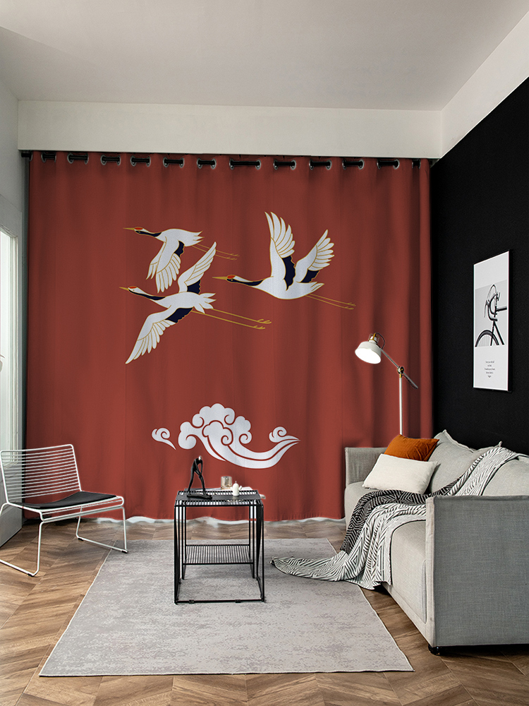 中式仙鹤定制粗麻长帘国潮风个性潮流卧室客厅挂钩遮光打孔窗帘布