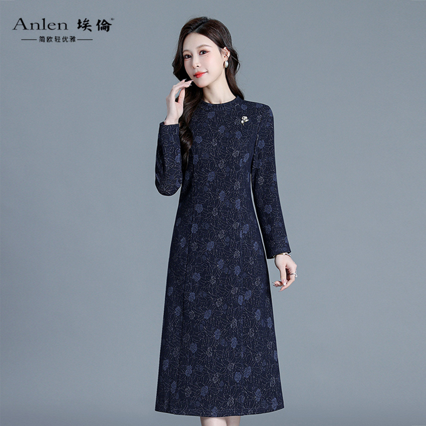 埃伦优雅印花连衣裙2025秋季新款收腰显瘦高级感妈妈减龄过膝长裙,女装/女士精品,连衣裙,淘宝优惠券,粉丝福利购,淘宝优惠卷