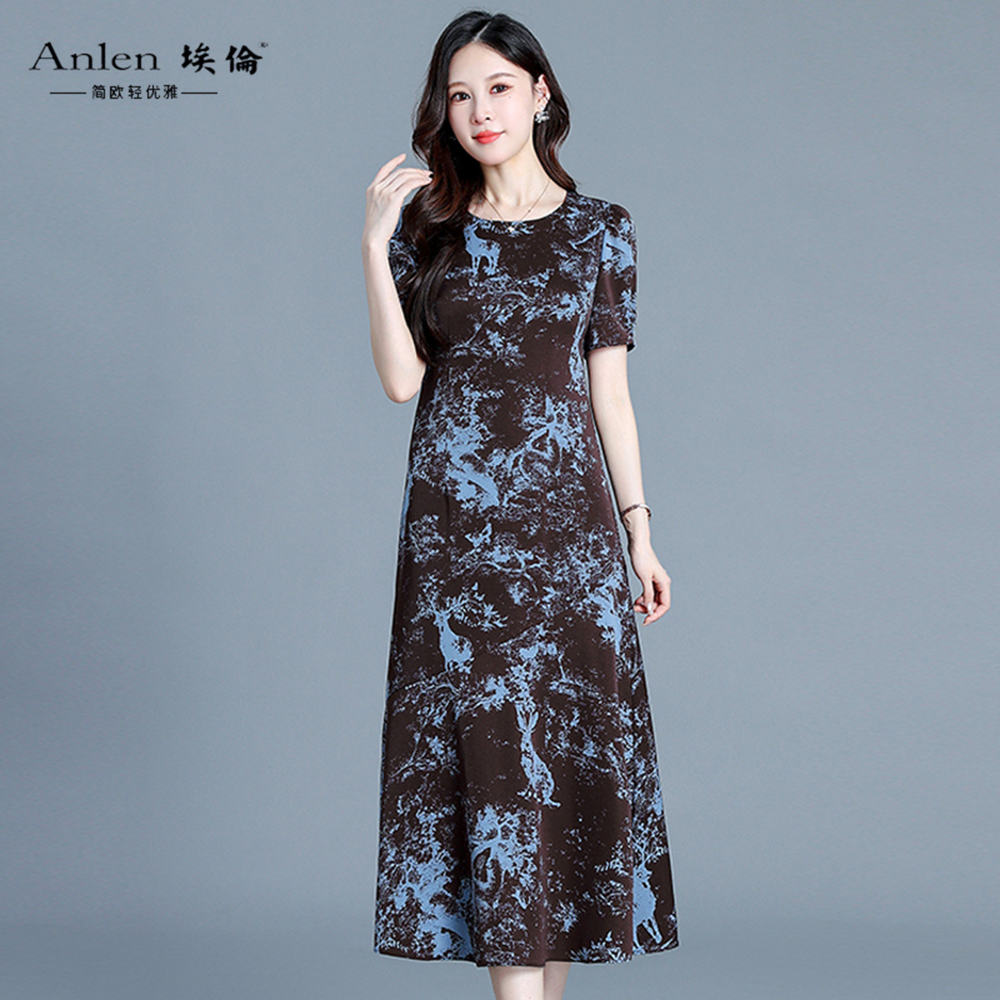 埃伦妈妈洋气印花连衣裙2025夏季圆领收腰显瘦气质优雅减龄过膝裙,女装/女士精品,连衣裙,淘宝优惠券,粉丝福利购,淘宝优惠卷