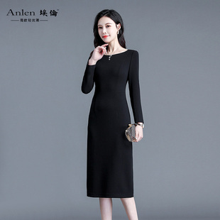 埃伦中年连衣裙高级感A字裙女气质设计修身妈妈2024秋季新款黑色