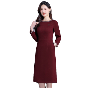 埃伦枣红色连衣裙过膝长裙2026新款长袖高端遮肚子气质修身打底裙