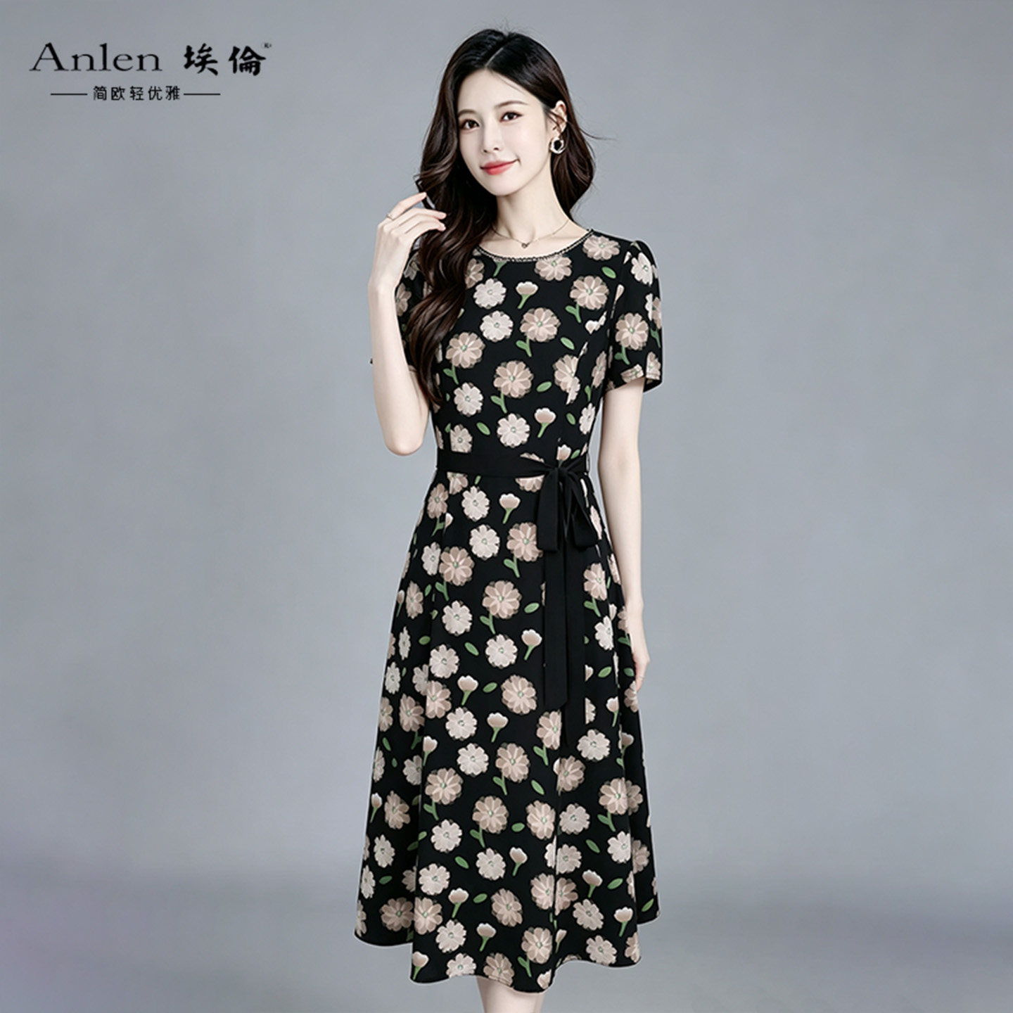埃伦法式优雅印花妈妈A字连衣裙