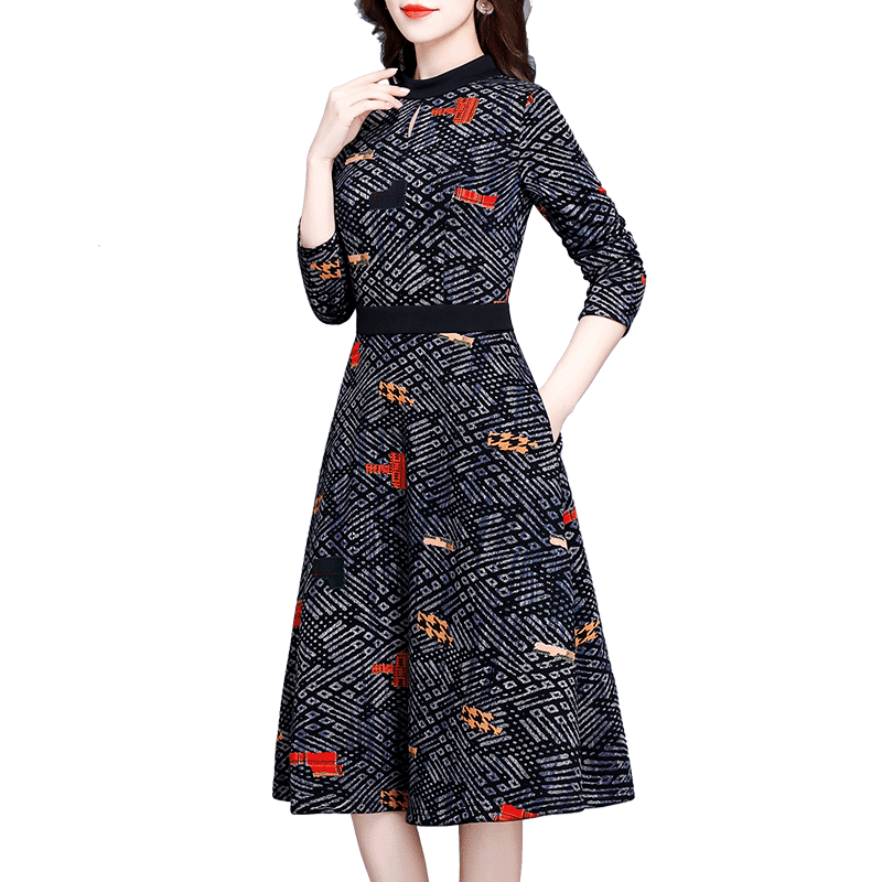 埃伦加绒加厚立领新款一体连衣裙