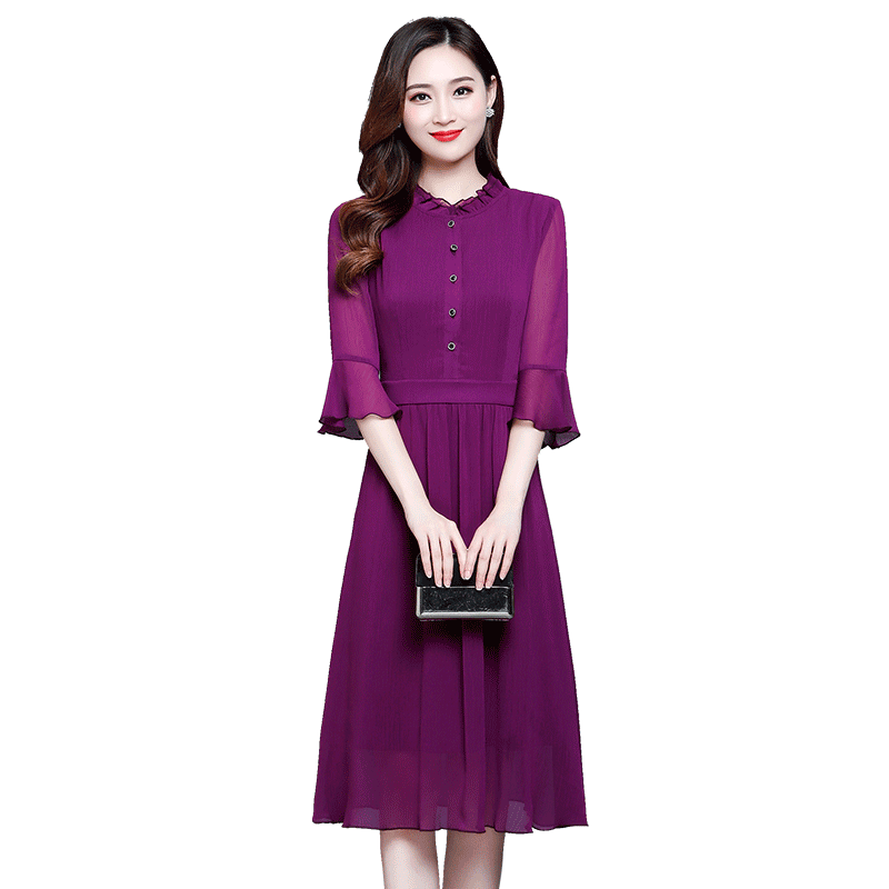 埃伦雪纺连衣裙女夏装2021新款中年女装中长款收腰显瘦纯色A字裙