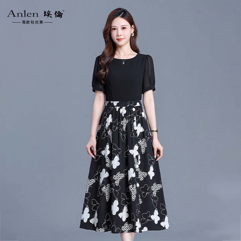 埃伦假两件气质连衣裙女2024夏季新款时尚圆领黑色拼接收腰减龄裙