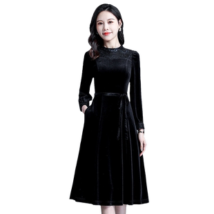 埃伦中年长袖连衣裙金丝绒打底裙大气妈妈装气质保暖2023春季新款