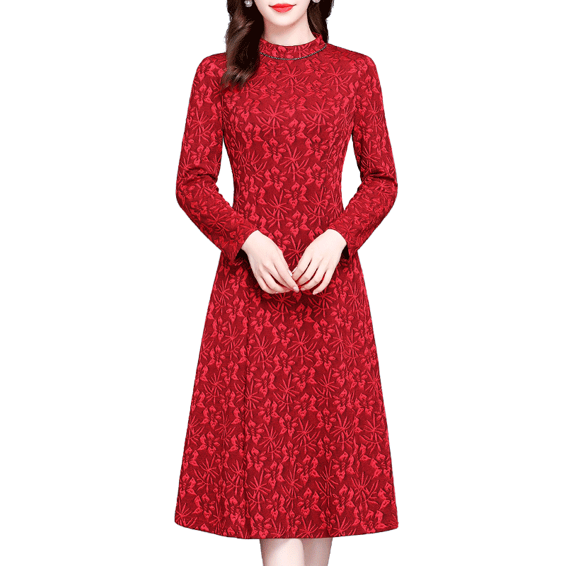 埃伦连衣裙妈妈装春夏装2023年新款女装立领中长款修身红色打底裙