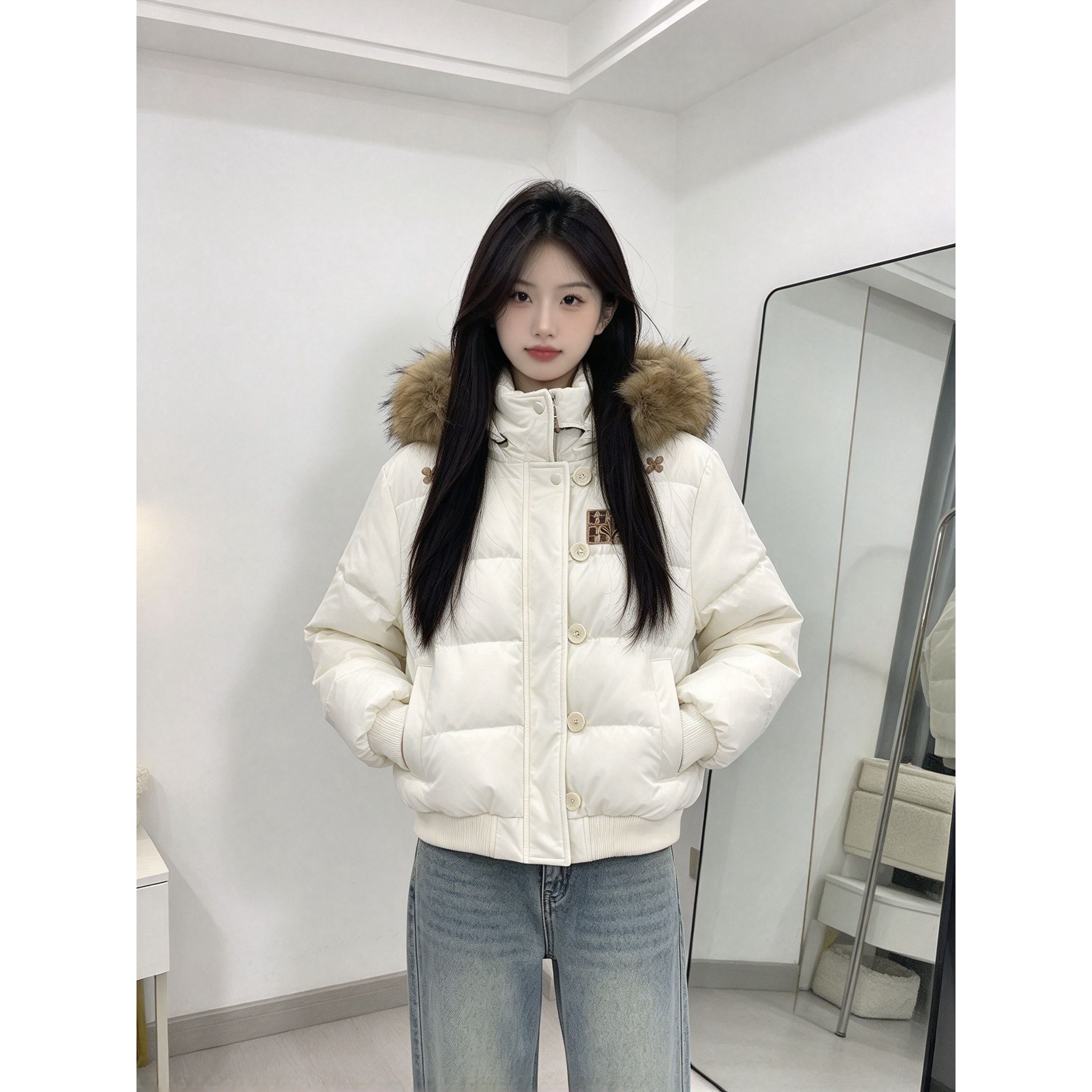 氛围感韩版小个子显瘦棉衣女大毛领连帽贴标短款秋冬百搭保暖外套