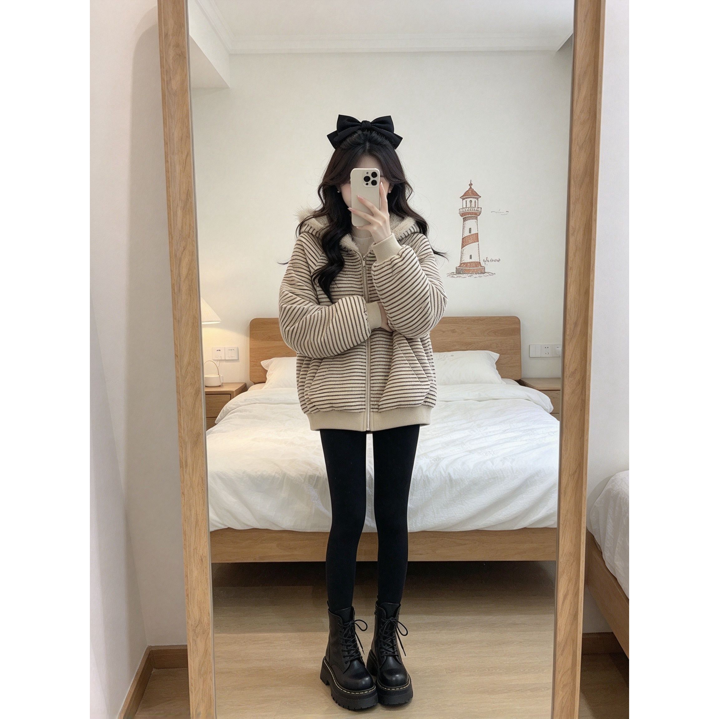 秋冬小个子条纹连帽外套女内里加厚毛绒宽松休闲百搭拉链口袋上衣