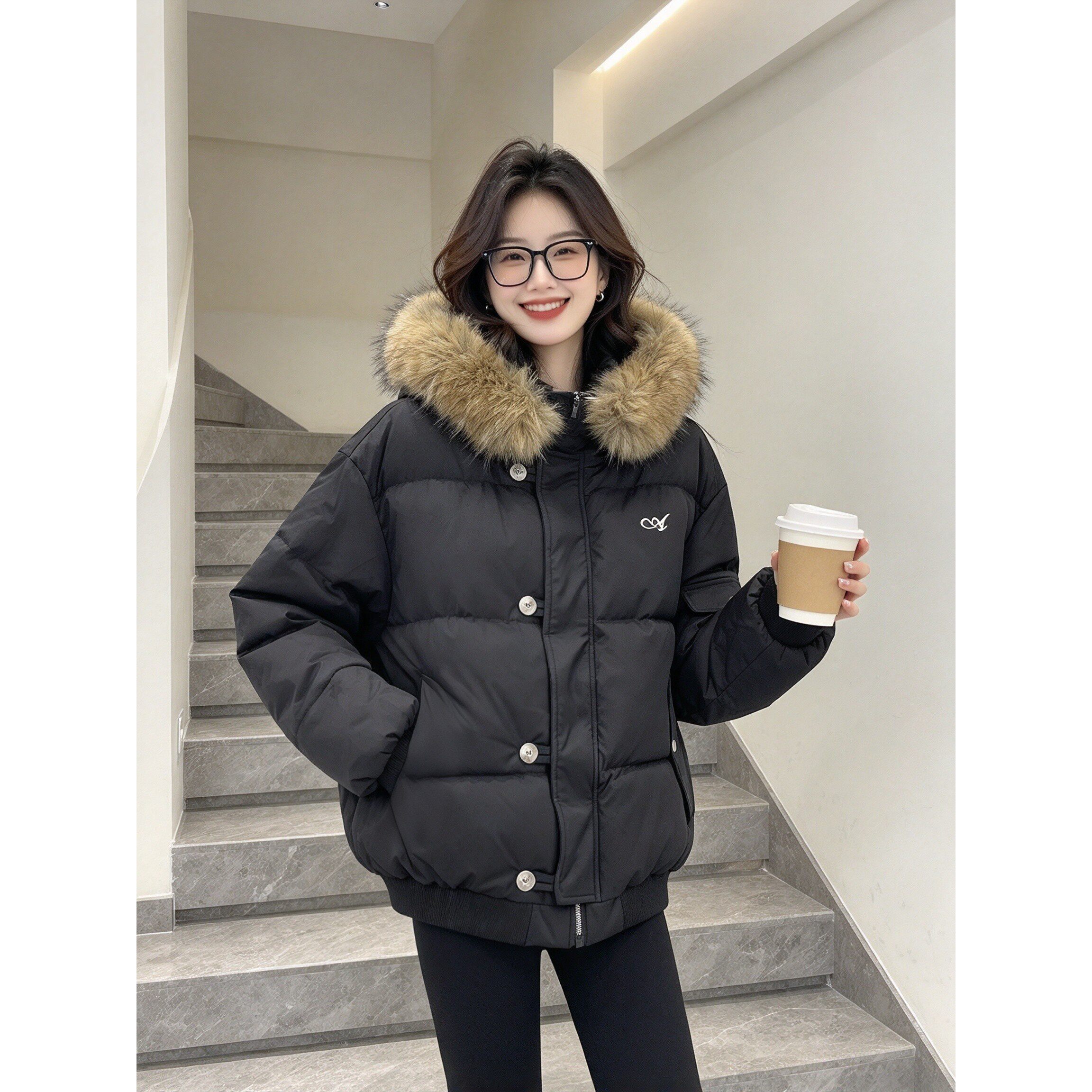 大毛领短款棉服女冬季新款小个子连帽宽松加厚保暖面包服外套